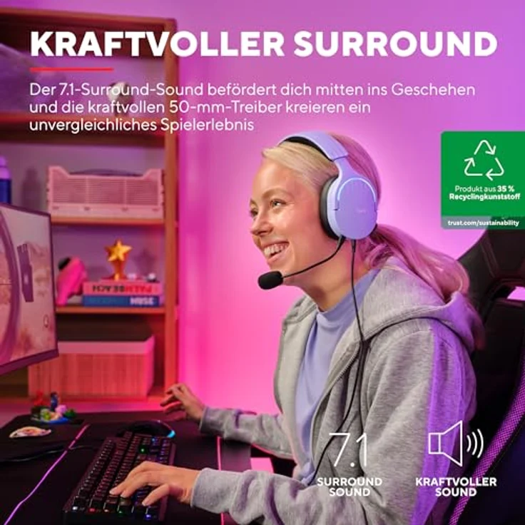 Trust Gaming GXT 490P Fayzo 7.1 Gaming Headset USB Surround Sound, 50mm Treiber, 2m Kabel, 35% Recyclingkunststoff, Mikrofon mit Geräuschunterdrückung, RGB Over-Ear Kopfhörer für PC - Purpur – Bild 2