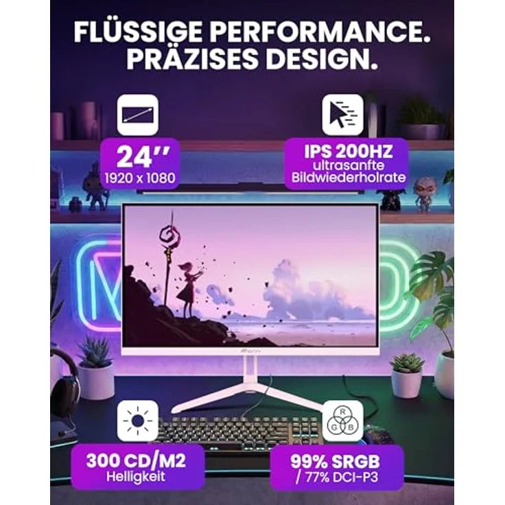 Arozzi Nova Gaming Monitor, 24" IPS 200Hz Full HD 1080p, Adaptive Sync, HDR10, flimmerfrei, 99% sRGB, rosa – Bild 2