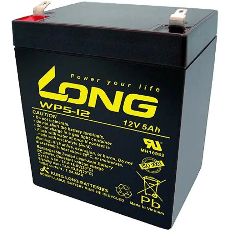 Kung Long WP5-12 F2 Blei-Vlies-Akku, 12Volt, 5Ah, wartungsfrei, hermetisch geschlossen, 6,3mm Faston Anschluss, universell einsetzbar