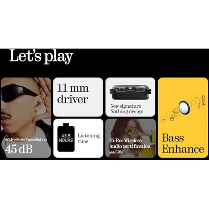 Nothing Ear (a) kopfhörer kabellos Bluetooth mit ChatGPT-Integration, ANC, Bass-Enhance-Algorithmus und bis zu 42,5 Stunden Wiedergabezeit - Gelb/Schwarz – Bild 3