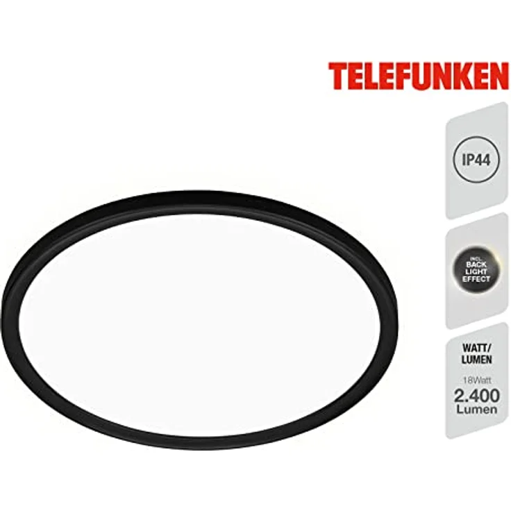 TELEFUNKEN LED Bad Deckenleuchte mit Backlight, IP44 Badezimmerlampe, ultraflach, neutralweißes Licht, Schwarz 290x35 mm (DxH) 321605TF – Bild 2