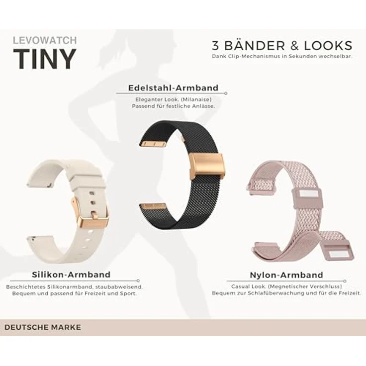 Levowatch Tiny Damen Smartwatch, 8mm dünn & Curved, mit AMOLED Always-On Display, Sprachsteuerung, wasserdicht, 3 Armbänder, Fitness-Tracker, Telefonfunktion – Bild 5