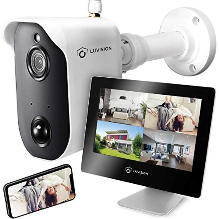 LUVISION Akku-Überwachungskamera mit 9" Monitor Full HD Funk kabellos mit Bewegungserkennung Gegensprechanlage Nachtsicht App Solar + Flutlicht kompatibel [Set 1x Kamera 1x Touchscreen] – Bild 1