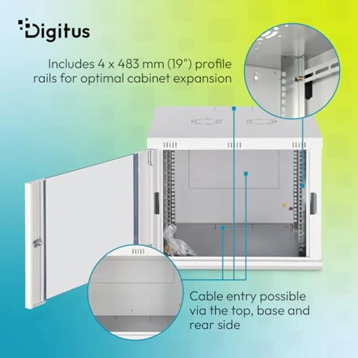 DIGITUS Netzwerkschrank Dynamic-N, 19-Zoll Rack 9HE, unmontiert, Wandmontage, 600 mm tief, 60 kg Traglast, Glastür, grau – Bild 5