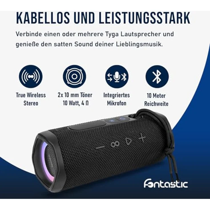 Fontastic Tyga Bluetooth Lautsprecher, Portable Speaker mit RGB-Lichteffekt, 3000 mAh Akku, spritzwassergeschützt, Schwarz – Bild 3
