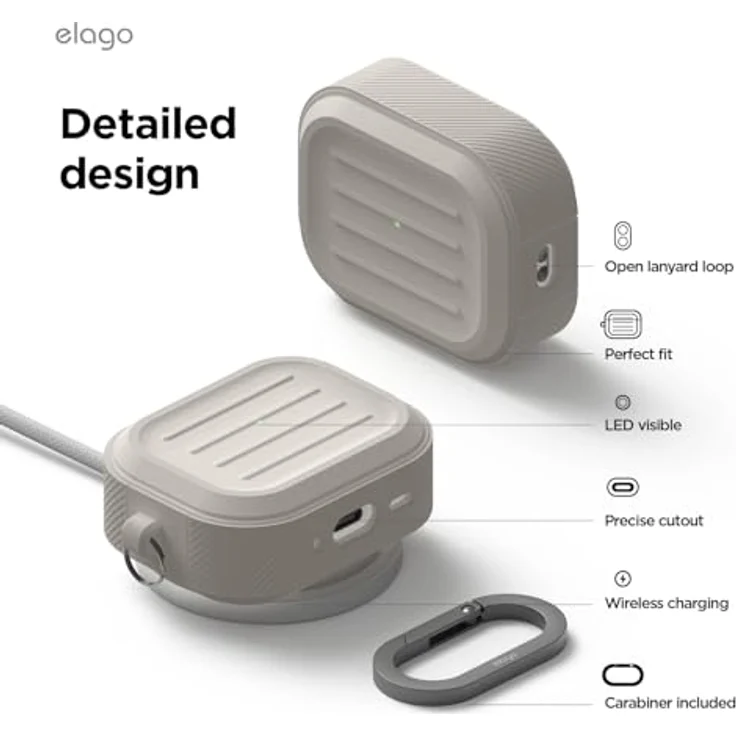 elago Armor Hülle für AirPods Pro 3, mit Karabiner, kabelloses Laden, stoßfest, Vollschutz, Taupe – Bild 5