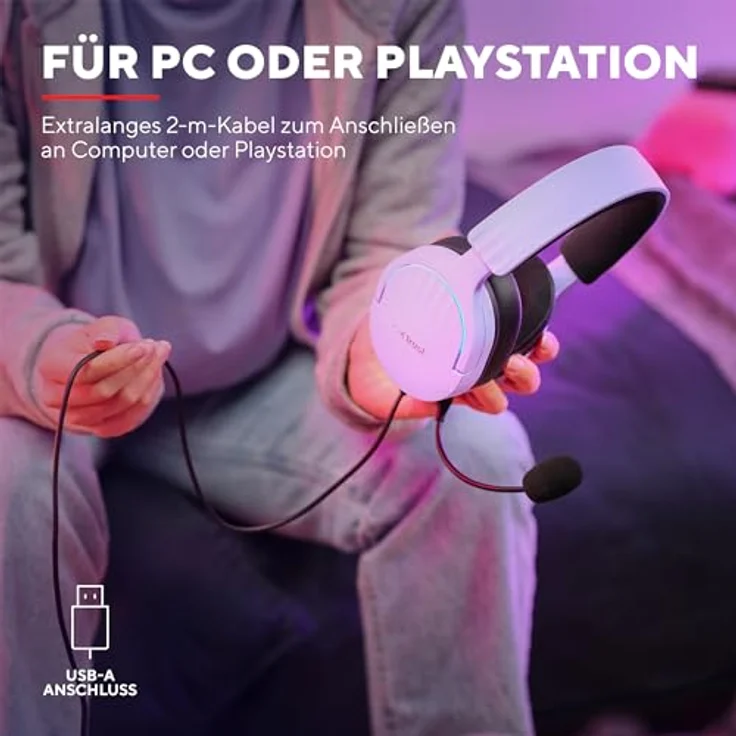 Trust Gaming GXT 490P Fayzo 7.1 Gaming Headset USB Surround Sound, 50mm Treiber, 2m Kabel, 35% Recyclingkunststoff, Mikrofon mit Geräuschunterdrückung, RGB Over-Ear Kopfhörer für PC - Purpur – Bild 5