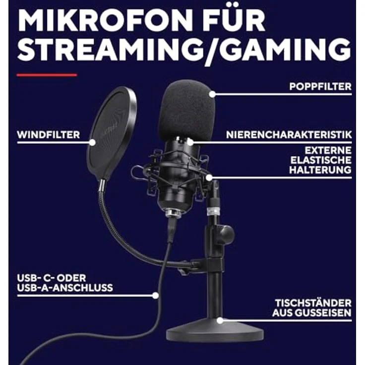 Trust Gaming GXTrust 269 Emita II Mikrofon mit verstellbarem Standfuß, Windfilter und Popfilter, USB Mikrofon mit Nierencharakteristik, 192 kHz für PC, PS4, PS5, Schwarz – Bild 2