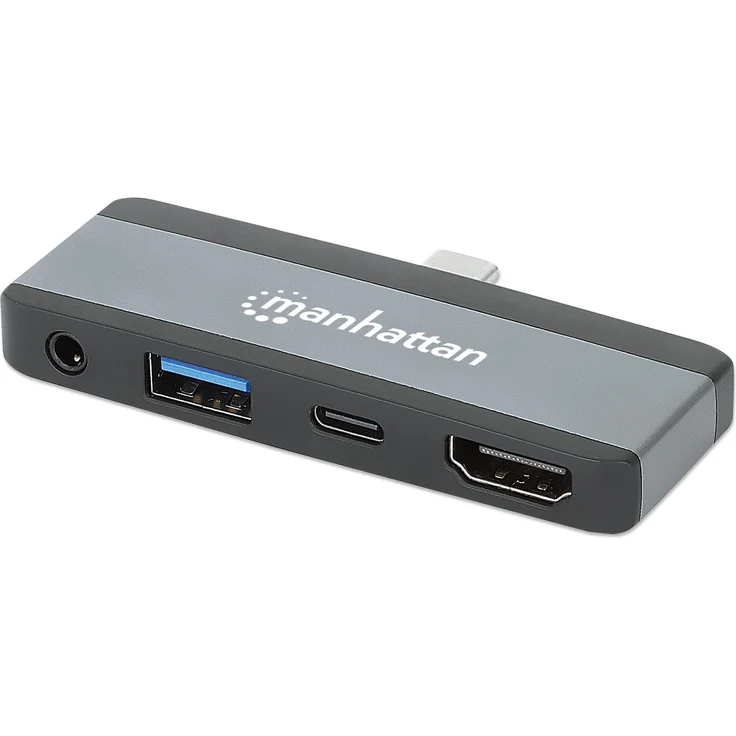 Manhattan 190404 USB-C PD auf HDMI 4-in-1 Mobile Dockingstation, Grau, 4K Ultra HD, USB 3.2 Gen 2, 100 W Power Delivery