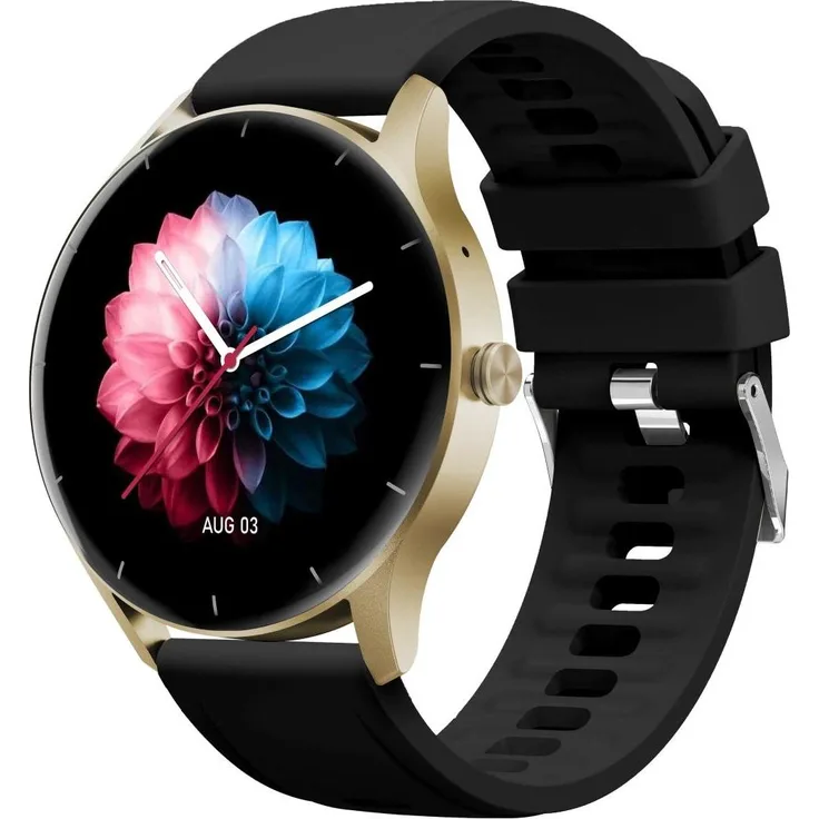 Gravity Unisex GT2-3 Smartwatch, Bluetooth-Anrufe, individuelle Zifferblätter, 1,28 Zoll IPS-Display, goldene Abdeckung, schwarzes Armband