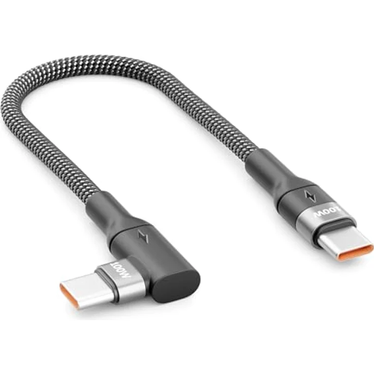 deleyCON 0,15m 100W USB C Ladekabel Gewinkelt, 90 Grad Stecker für Schnellladen und Datenübertragung, kompatibel mit iPhone 17/16/15 Pro Max, Galaxy S25/S24/S23, MacBook, iPad Pro, PS5 – Bild 1