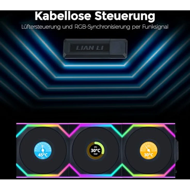 Lian Li UNI FAN SL Wireless LCD Lüfter, ARGB, PWM, 3er-Pack inkl. Controller - Reverse Blade, 120 mm, schwarz - Leistungsstarke RGB Gehäuselüfter – Bild 4