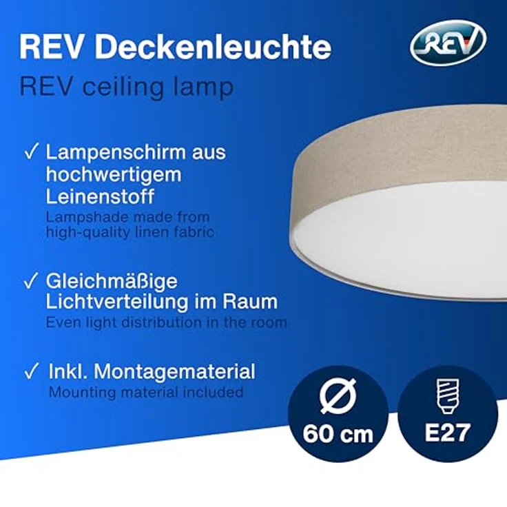 REV Deckenleuchte 60cm mit Stoff-Lampenschirm im Vintage-Look, taupe - ideal für Schlafzimmer & Wohnzimmer – Bild 2