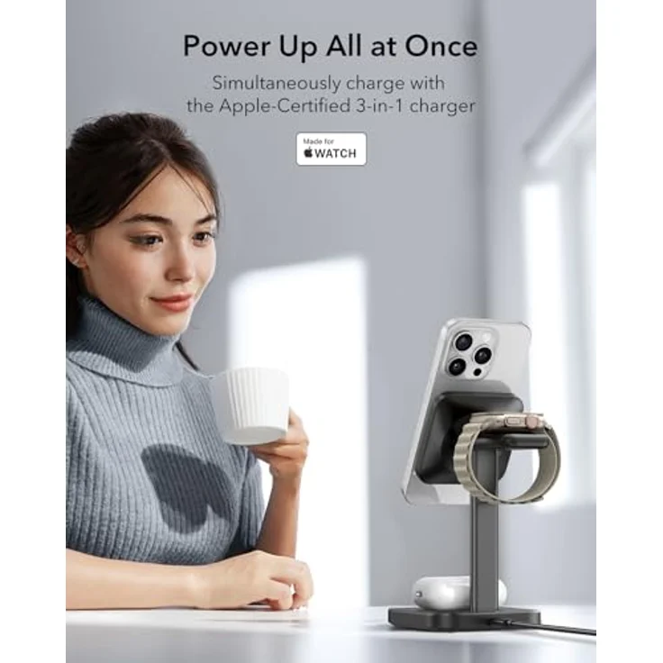ESR 3 in 1 Ladestation für MagSafe Apple Watch und iPhone, Schwarz - Magnetisches Kabelloses Ladegerät Schnellladen für iPhone 15/14/13/12, Apple Watch 8/7/6/5/4/3/2/SE und AirPods Pro/3/2 – Bild 2