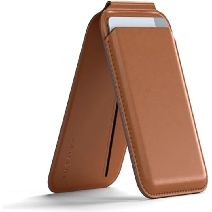 SATECHI Magsafe Wallet und Double Flap Stand mit Magnetfunktion, iPhone Wallet mit 4 Kartenfächern, Frontklappe NFC Pass Through für iPhone 15, iPhone 14, iPhone 13, iPhone 12 – Vegan Leder, Braun – Bild 1