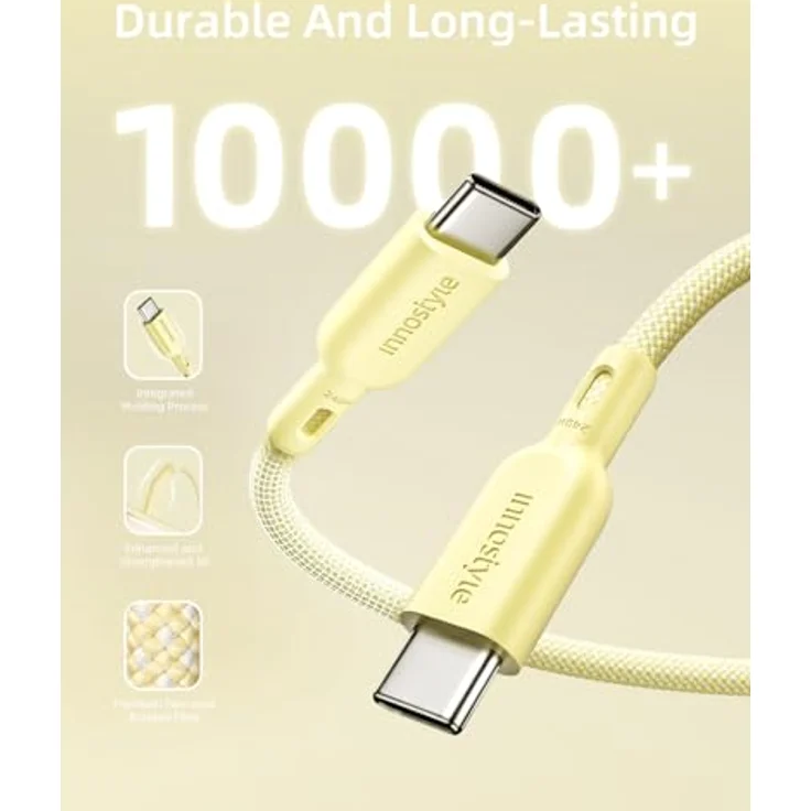 Innostyle USB-C Polyamid Schnellladekabel 240W 2m Gelb, hochgeschwindigkeits Datenübertragung und intelligenter Chip für iPhone & Samsung – Bild 5