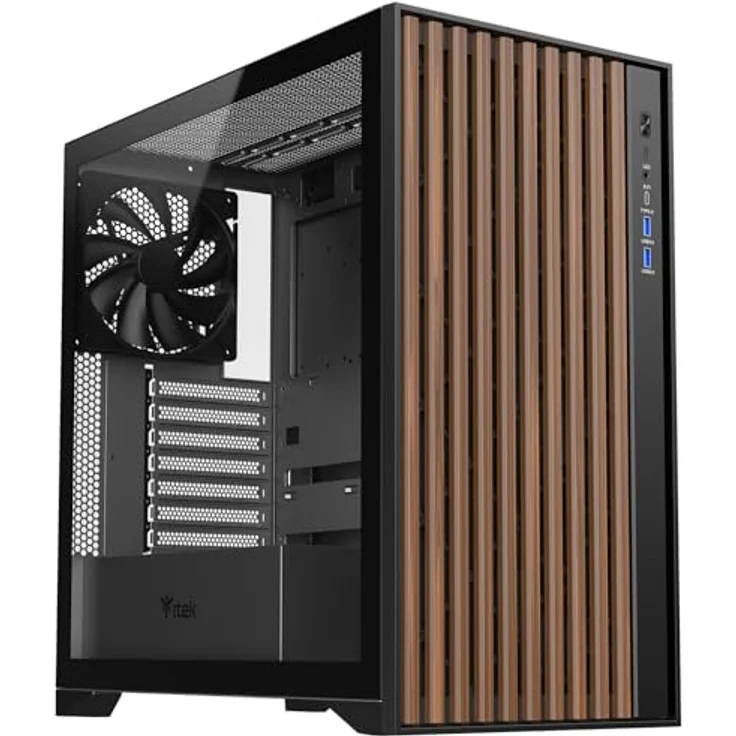 iTek Woody ATX Gehäuse, 3 x 14 cm, Lüfter schwarz, 2 x USB3, Typ-C, Holzfront, Seitenpanel aus gehärtetem Glas, schwarz – Bild 1
