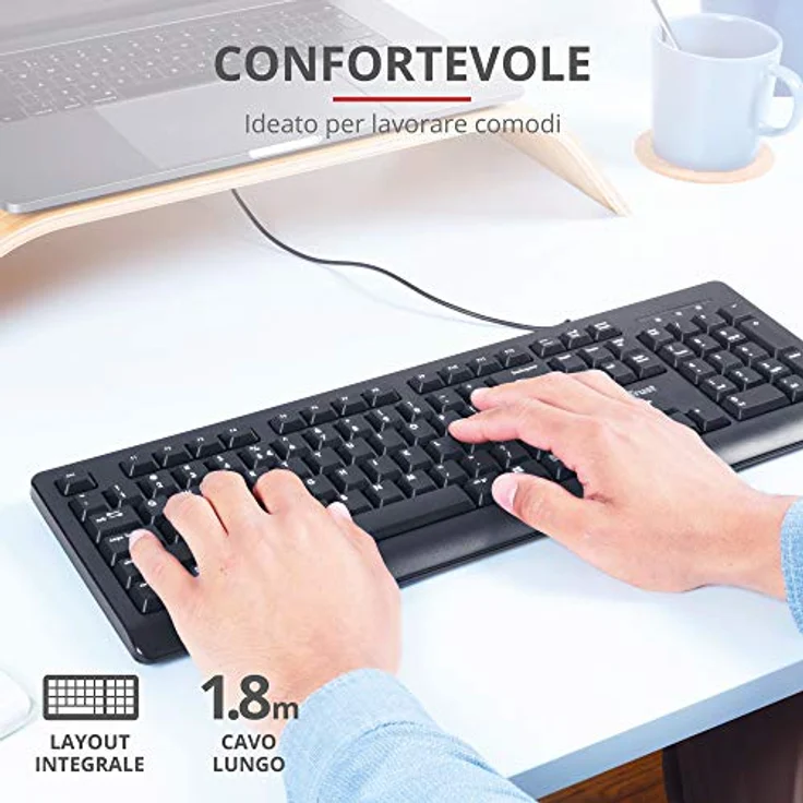Trust Taro USB-Tastatur, kabelgebunden, italienisches QWERTY-Layout, PC-Tastatur mit Kabel für Computer/Laptop/Notebook, Mac/Windows, Kabel von 1,8 Metern, flüssigkeitsbeständig, ergonomisch - Schwarz – Bild 2