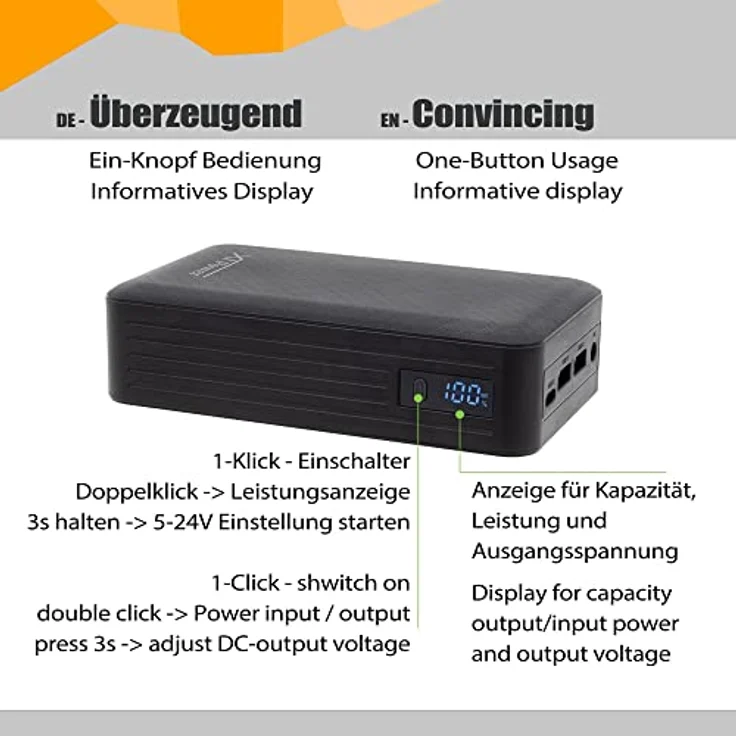 XTPower XT-27000DC-AO-PA Powerbank, ohne Unterbrechung, DC, Netzadapter inklusive, externer Akku DC 5 V bis 24 V + USB-C PD + 2 x USB QC3 mit 26800 mAh – für Lautsprecher Radio Fotografen – Bild 3