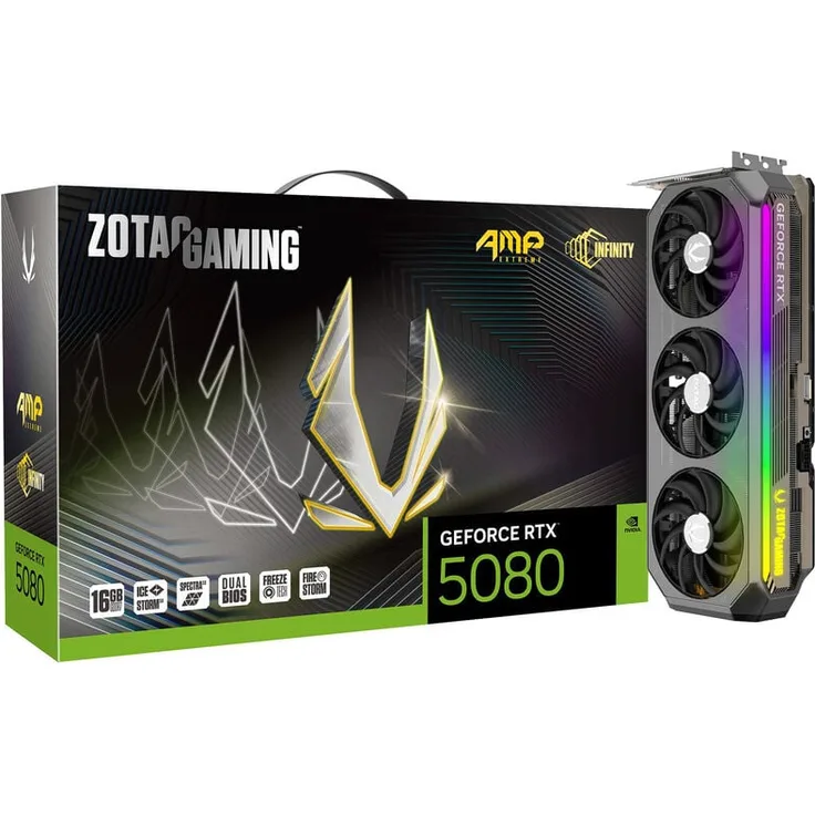 ZOTAC GAMING GeForce RTX 5080 AMP Extreme INFINITY, 16384 MB GDDR7 Next-Gen-Grafikkarte mit Triple-Fan-Kühlerdesign, RGB-LED-Beleuchtung