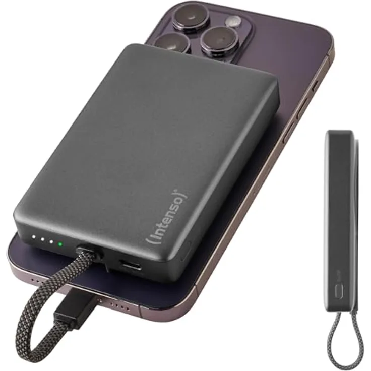 Intenso MC10000 Powerbank, 10.000 mAh mit magnetischer Rückseite, integriertem USB-C Kabel, ultraschnelles Laden PD 3.0 (20W), grau, geprüft in Deutschland