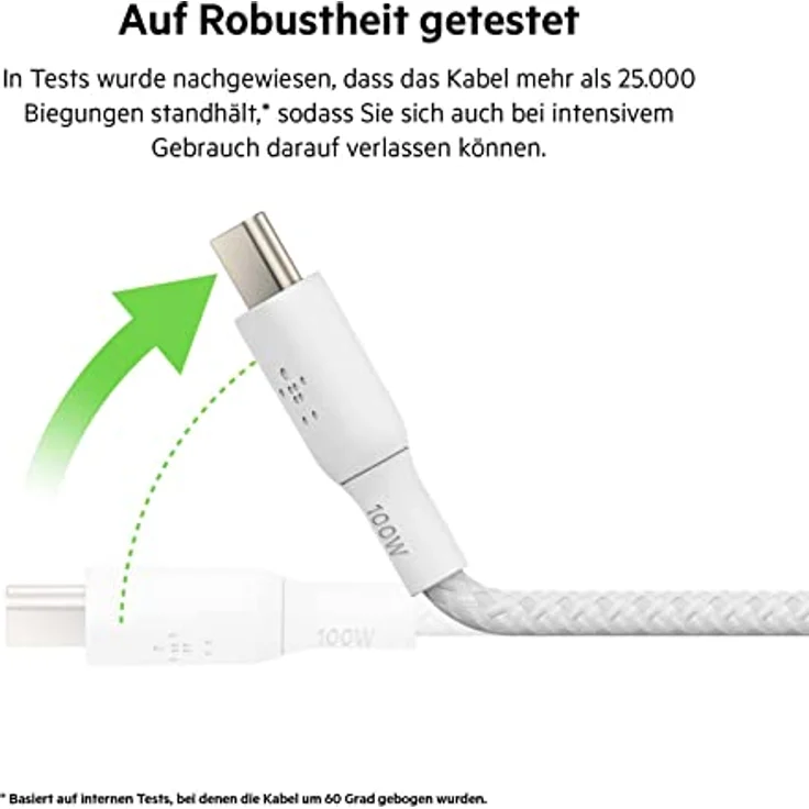 Belkin BoostCharge USB-C/USB-C Kabel 100W, 2m, weiß - langlebig, doppelt geflochtenes Nylon, bis zu 480 Mbps Datenübertragungsrate – Bild 4