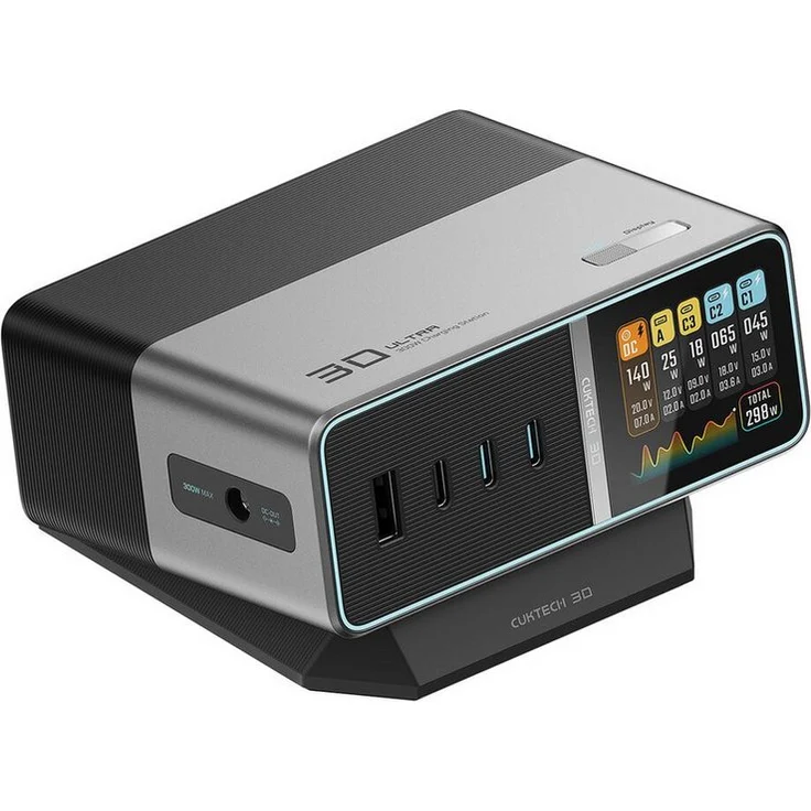 Cuktech TA3005U 300W 5-in-1 Ladestation mit Digitalanzeige, USB-C und USB-A Anschlüssen, silber