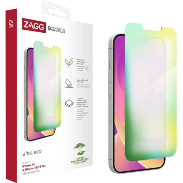 ZAGG InvisibleShield Ultra Eco Displayschutzfolie für iPhone 14/13/13 Pro, stoßfest, wischfest, kratzfest, antimikrobiell, (durchsichtig)