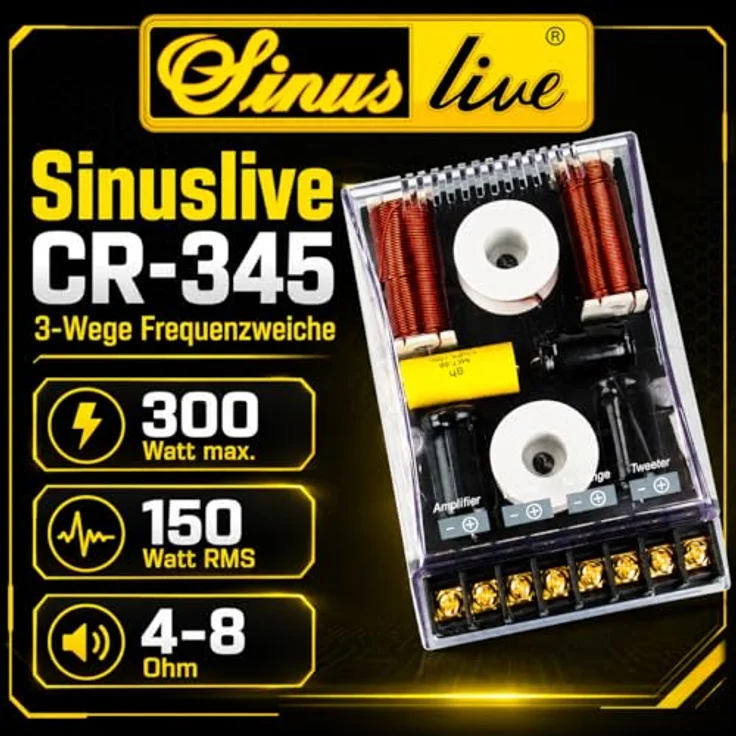 Sinuslive CR345, 3-Wege-Lautsprecher-Frequenzweiche bis 300 Watt, 4 Ohm, Übergangsfrequenzen 700/4500 Hz, kompakte Maße 128x83x38mm – Bild 3