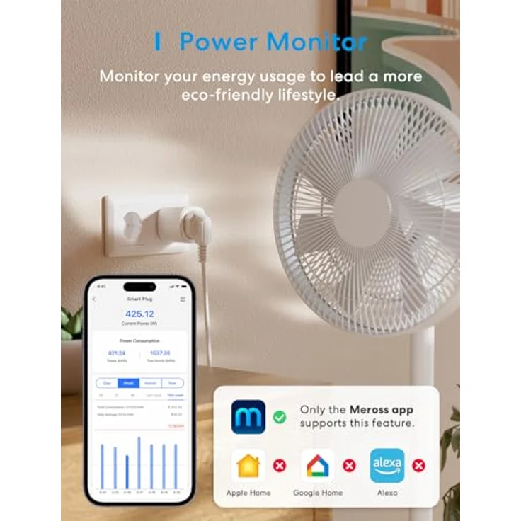 meross Matter Smart Steckdose mit Stromverbrauch, WLAN Steckdose für Balkonkraftwerk, Apple HomeKit, Alexa, Google, 16A, 1 Stück – Bild 4
