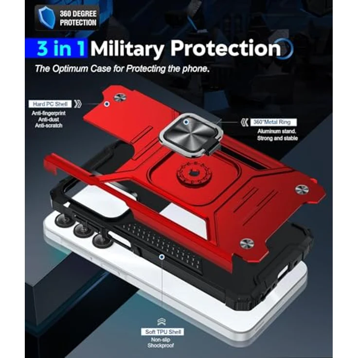 LeYi Handyhülle für Samsung Galaxy A16, Militärischer Ständer mit 360° Metall Ring Halter, inkl. 2 Schutzfolien & 2 Kamerafolien, stoßfestes Hardcase in Rot – Bild 2