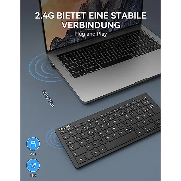 TeckNet X315 Ultra Slim Kabellose Mini Tastatur (QWERTZ, 2.4 GHz, 84 Tasten) Schwarz – Bild 3