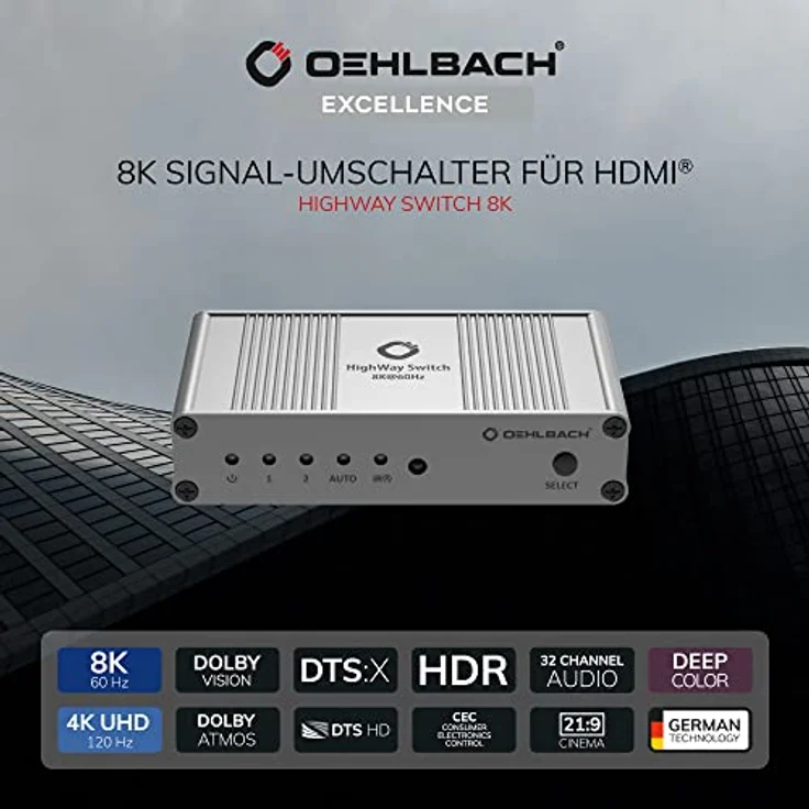 OEHLBACH Highway Switch 8K - HDMI 2.1 Umschalter - 2 In 1 Out HDMI-Adapter mit Fernbedienung (4K 120Hz, 8K 60Hz, 48Gbits, VRR, Dolby Vision, Atmos, HDR10, HDCP 2.3) - Silber matt – Bild 4