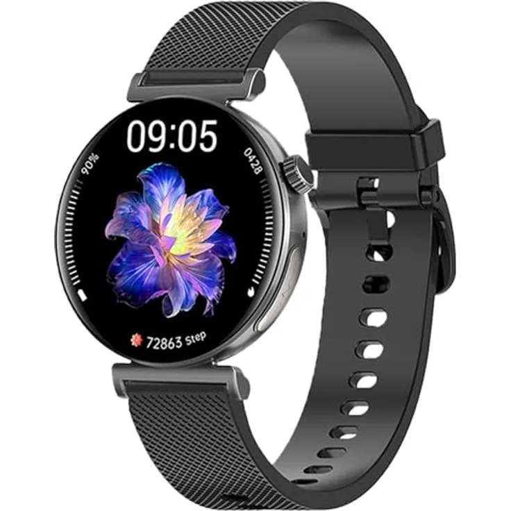 Knauermann PRO 3 Mini (2024) Schwarz - Gesundheitsuhr Smartwatch mit Telefoniefunktion, EKG, HRV und SOS Funktion, AMOLED Display, Bluetooth, Schlafapnoe, Silikonband Schwarz, 14-24, rund