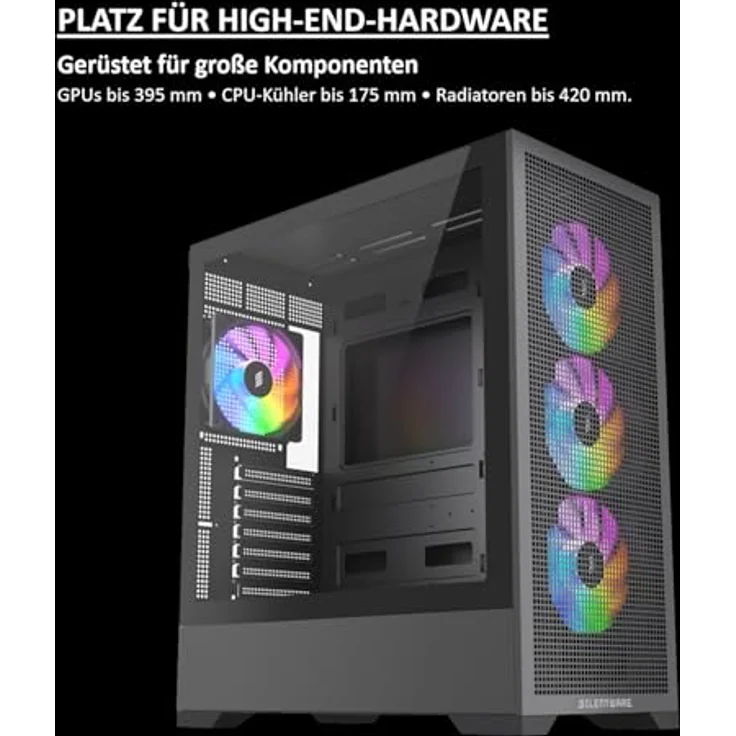 SILENTWARE Core 100 A-RGB Black Midi Tower PC-Gehäuse, Gehärtetes Glas-Seitenfenster, 4x 120mm PWM RGB Lüfter, Mesh-Front, Maximaler Airflow, ATX/mATX/ITX, USB 3.0 – Bild 5