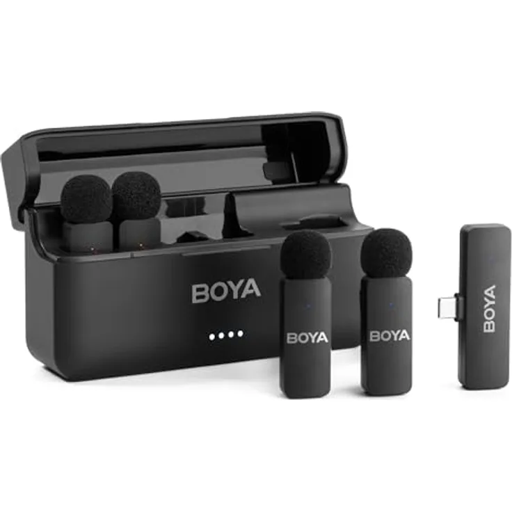 Boya BY-V4U Kabelloses Lavalier-Mikrofon, 360° drehbarer Clip, Geräuschunterdrückung, 18 Stunden Akkulaufzeit, für iPhone 15 und Android Typ C