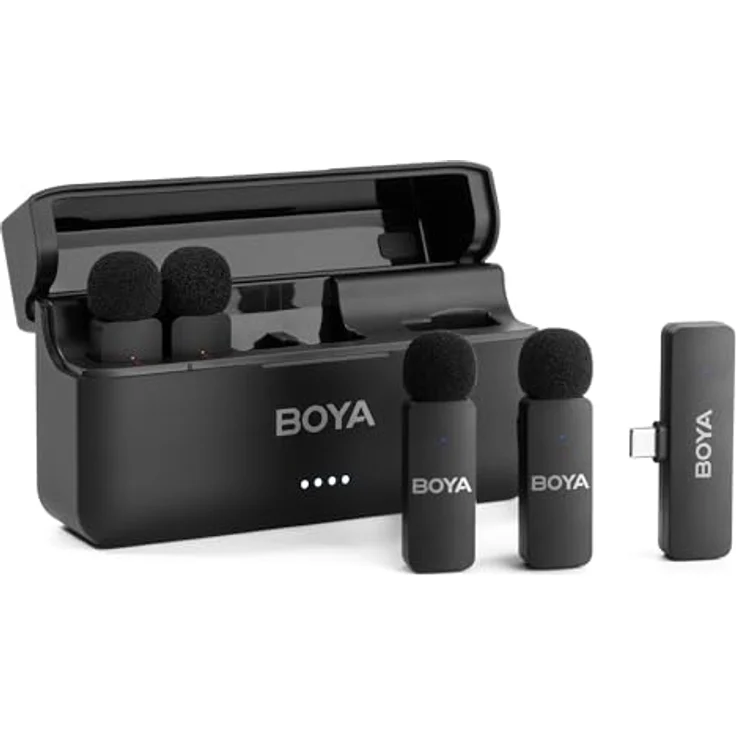 Boya BY-V4U Kabelloses Lavalier-Mikrofon, 360° drehbarer Clip, Geräuschunterdrückung, 18 Stunden Akkulaufzeit, für iPhone 15 und Android Typ C – Bild 1
