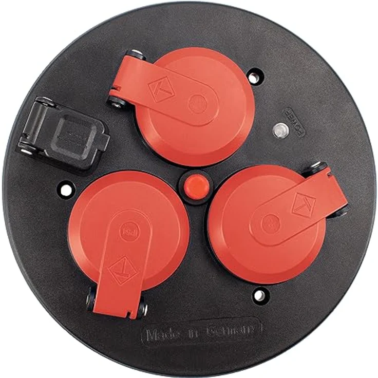 as - Schwabe 3-fach-Steckdoseneinsatz für Kabeltrommeln 230V/16A, mit Klappdeckel rot, Thermoschutzschalter, USB-Ausgang 5V/1A, IP54, Schwarz, 11584 – Bild 1
