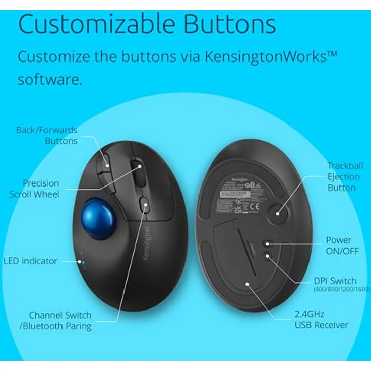 Kensington TRACKBALL PRO FIT ERGO TB450 (Kabellos), Maus, Blau, Schwarz – Bild 2