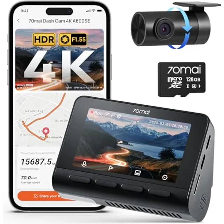 70mai A800SE Dashcam, 4K HDR 2160P + 1080P, Dual Autokamera mit 128GB SD-Karte, Nachtsicht, 210Sek. Puffer-Notfallaufzeichnung, Parküberwachung, max. 512GB