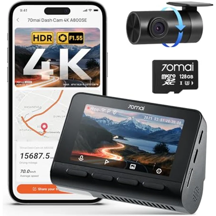 70mai A800SE Dashcam, 4K HDR 2160P + 1080P, Dual Autokamera mit 128GB SD-Karte, Nachtsicht, 210Sek. Puffer-Notfallaufzeichnung, Parküberwachung, max. 512GB – Bild 1