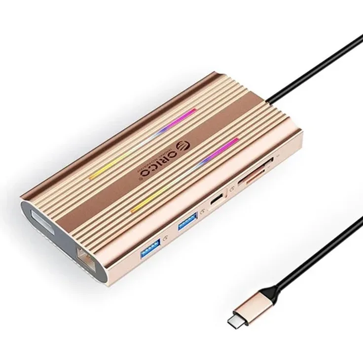 ORICO XDR 12in1 RGB USB-C Docking Station, USB-A, USB-C, 2x HDMI 4K 60 Hz, DisplayPort 4K 60 Hz, RJ45 Gigabit, PD 100W, SD und microSD Kartenleser, Rose Gold