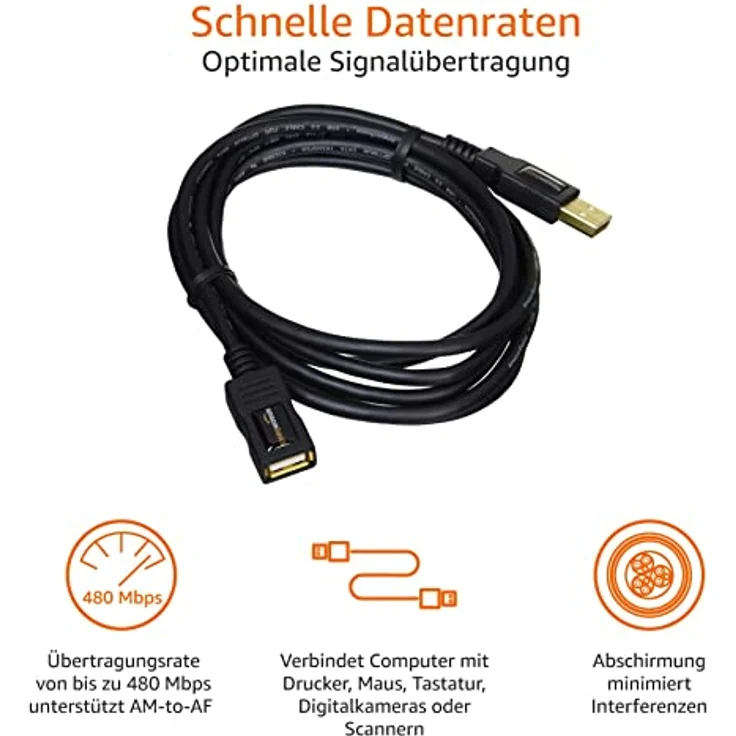 AmazonBasics 1IGG USB 2.0-Verlängerungskabel A-Stecker auf A-Buchse, 2 m,Schwarz - Preisvergleich – Bild 2