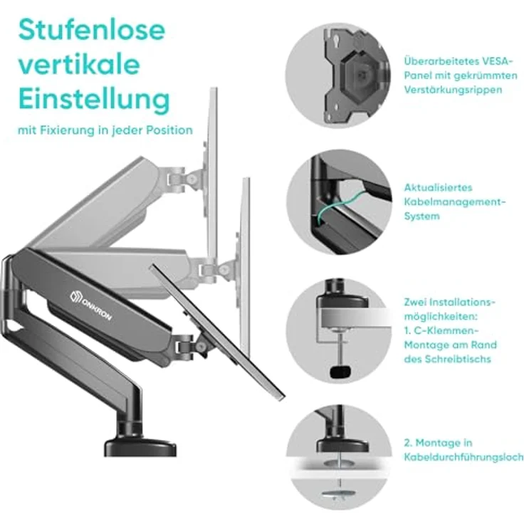 ONKRON G90 Monitor Halterung, schwenkbar für 13-32 Zoll Bildschirme bis 8kg, max VESA 100x100, Tischhalterung in Schwarz mit ergonomischen Einstellmöglichkeiten – Bild 5