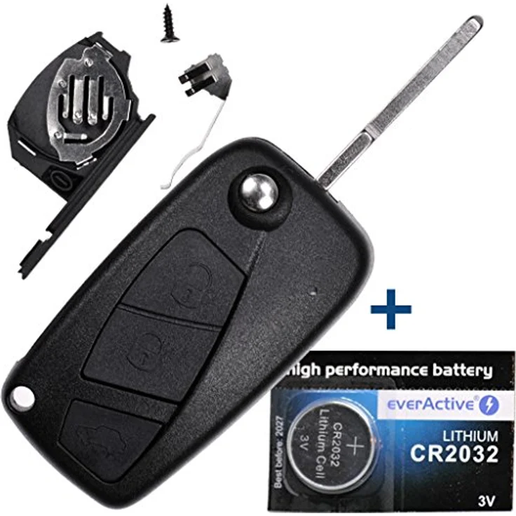 mt-key Auto Klapp Schlüssel Gehäuse Schwarz, 3 Tasten mit HU100 Rohling und CR2032 Knopfzelle für FIAT, Iveco und Lancia – Bild 1