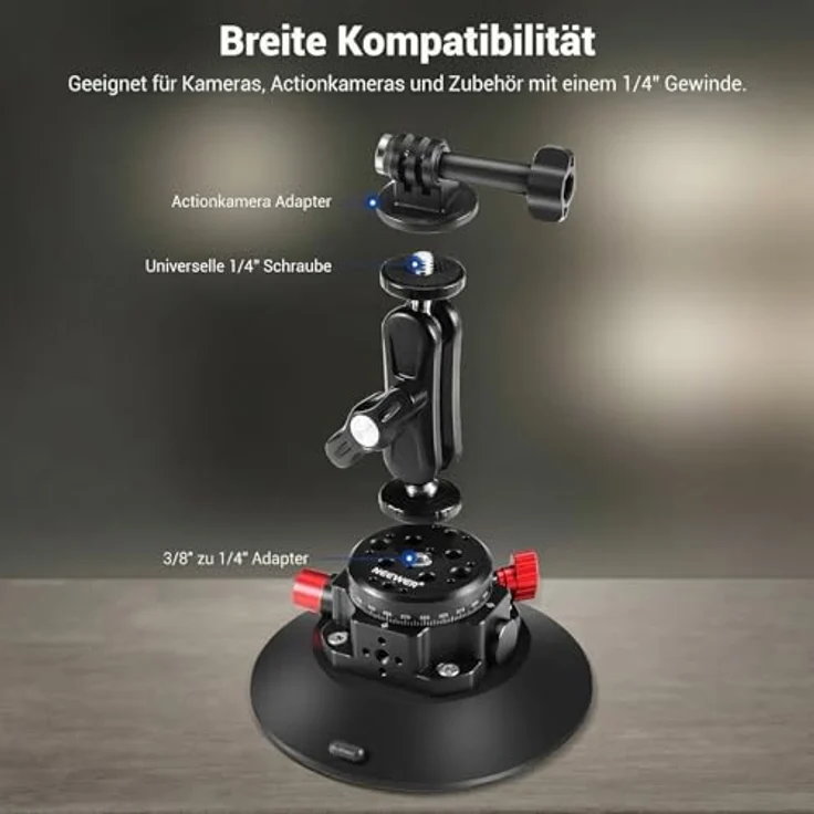 NEEWER 6" Kamera Saugnapf Halterung mit Kugelkopf Magic Arm, Aluminium, für Action Kamera/Smartphone, 1/4" & 3/8" Befestigungslöcher, 5kg Tragfähigkeit – Bild 5