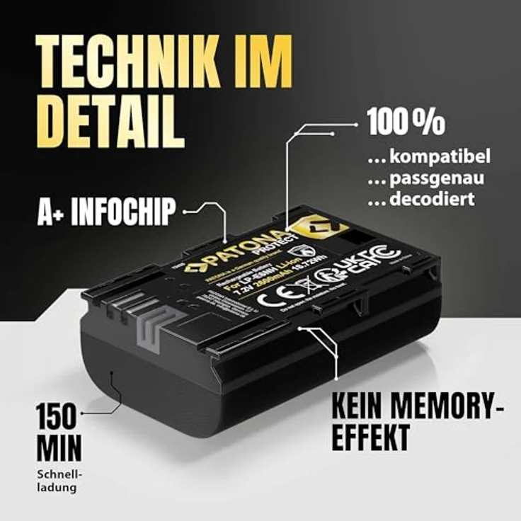 PATONA Protect LP-E6NH Akku 2600mAh mit NTC-Sensor und hitzebeständigem V1 Gehäuse, kompatibel mit Canon EOS R5 R6 R7 5D 6D 7D 80D 90D – Bild 5