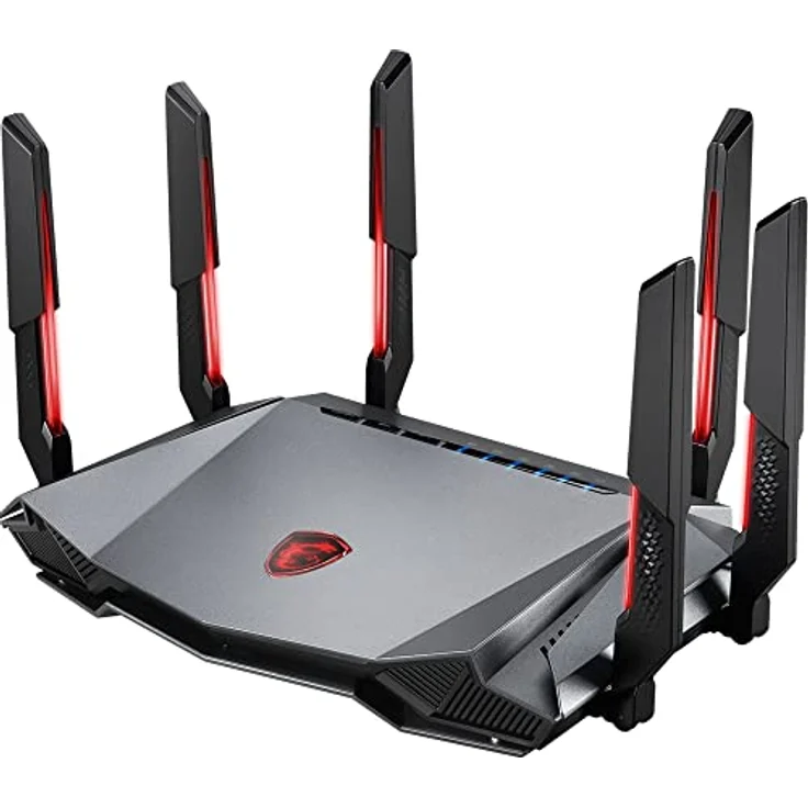 MSI Radix AXE6600 WiFi 6E Tri-Band Gaming Router - Schnelles WLAN bis 6600 Mbit/s (6GHz, 5GHz, 2,4GHz Wireless), AI QoS Priority, MU-MIMO, Beamforming, WPA3, 2.5G WAN/LAN & 4X 1G LAN Anschlüsse - RGB – Bild 1