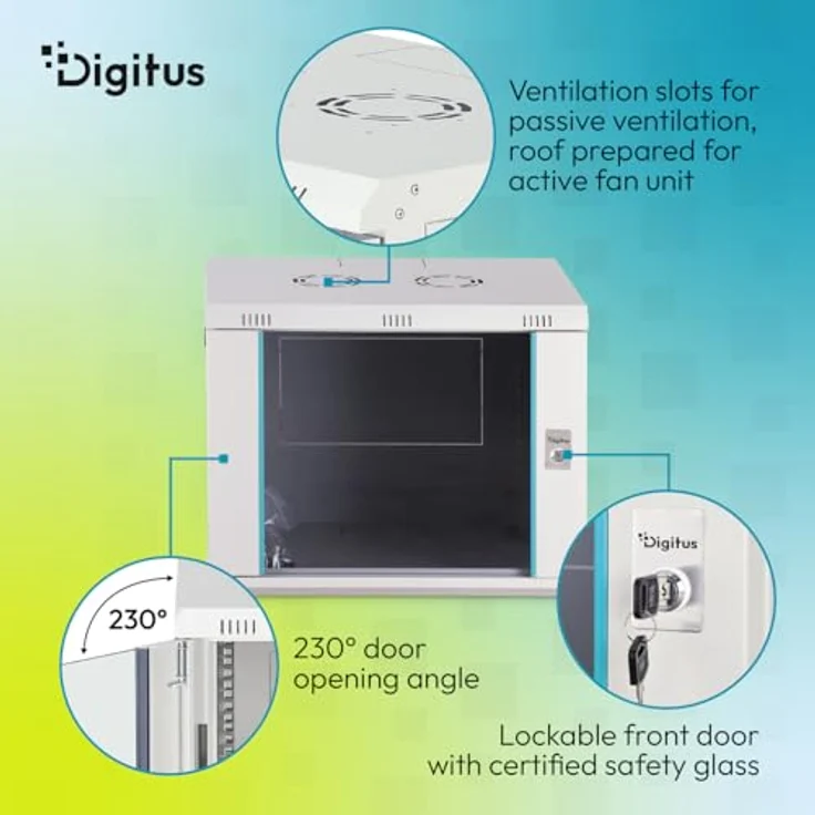DIGITUS Netzwerkschrank Dynamic-N, 19-Zoll Rack 9HE, unmontiert, Wandmontage, 450 mm Tiefe, 60 kg Traglast, abschließbare Glastür, grau – Bild 4
