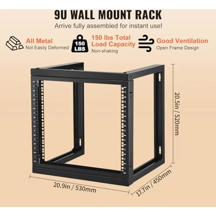 VEVOR 9U Server-Rack, Wandhalterung für 48,3 cm IT- und AV-Geräte, offener Rahmen, 68 kg Tragfähigkeit, 45,7 cm tief – Bild 4